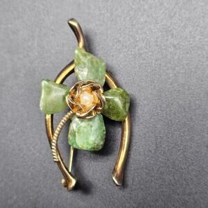 Nephrite Jade Flower Wishbone Brooch Vintage Costume Jewelry Faux Pearl